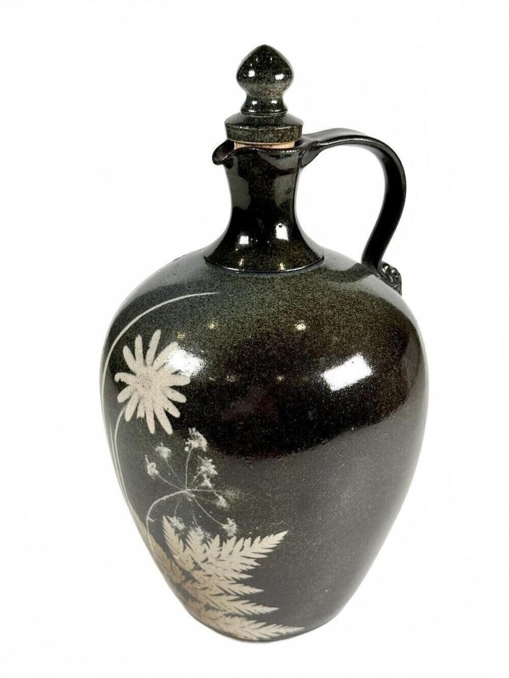 Vintage Studio Stoneware Ewer Pitcher Decanter Black Botanical Floral Signed - Picture 4 of 9